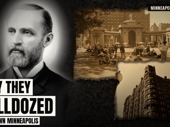 Louis Menage portrait beside archival photos of the Gateway District and the Metropolitan Building in Minneapolis