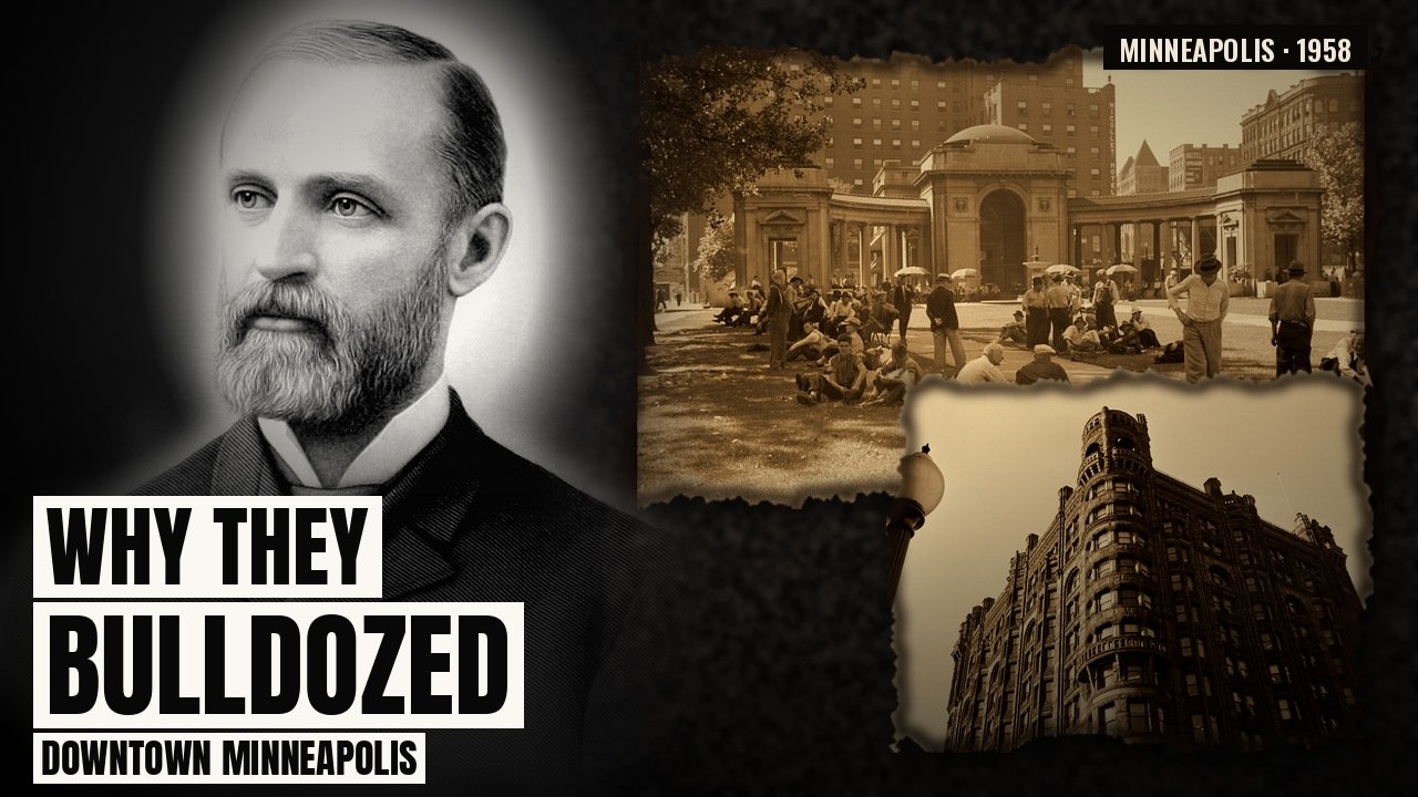 Louis Menage portrait beside archival photos of the Gateway District and the Metropolitan Building in Minneapolis