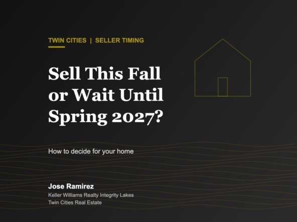 Charcoal and gold graphic reading Sell This Fall or Wait Until Spring 2027 for Twin Cities home sellers